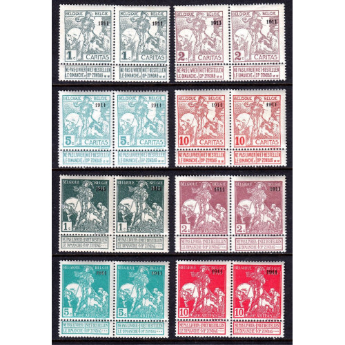 BELGIUM — SCOTT B9-B16 COB 92-99 — 1911 OVPT. SET — MNH PAIRS — SCV Bild