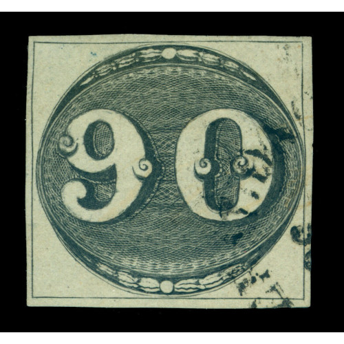 BRAZIL 1843 OLHO DE BOI 90reis blk - 1st print - Scott No 3 used - REENTRY at top Bild