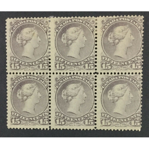 Showing image for CANADA 15c DULL VIOLET 1868 BLOCK MINT OG H