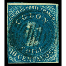 CHILE 1853 COLUMBUS - London (Perkins Beacon) - 10c deep bl Scott No 2 used VF-XF