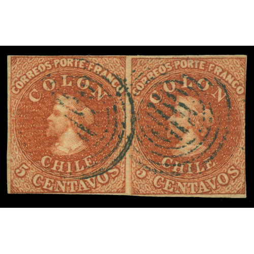 CHILE 1854 COLUMBUS - Desmadryl - 5c brown chestnut Scott No 3b used F VF PAIR image