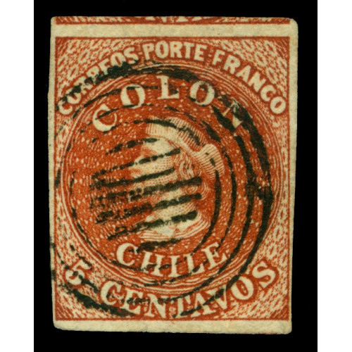CHILE 1854 COLUMBUS -Desmadryl 5c red brown Sc No 3a used VF+stamp + RARE 7 bar cxl image