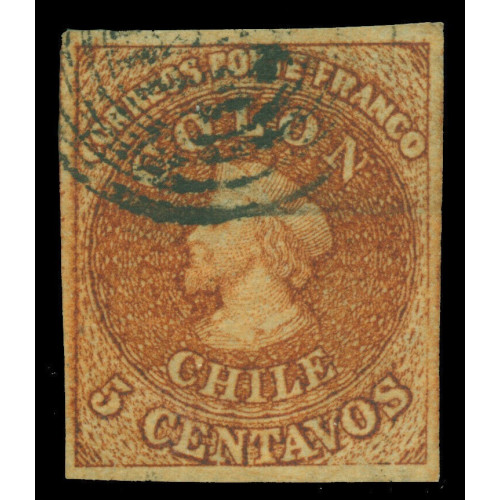 CHILE 1854 COLUMBUS 5c burnt sienna - Wmk.FA5-3 R Scott No 4 used XF-SUP Bild