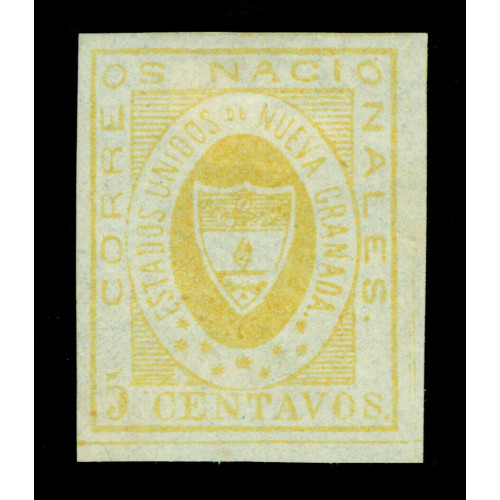 COLOMBIA-1860-Arms-of-New-Granada-5c-yellow-Scott--No--14-mint-MH-VF+-stamp Bild