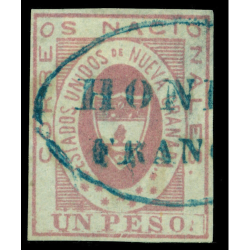 COLOMBIA-1861-ARMS-of-New-GRANADA-1p-pink-Scott-18-used--HONDA-FRANCA--blue-cxl Bild