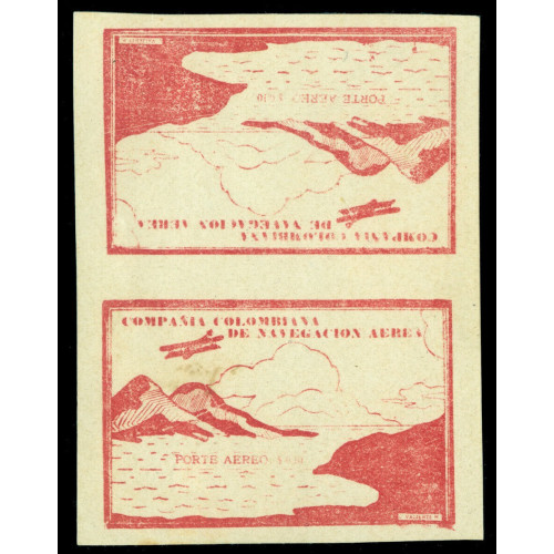 COLOMBIA-1920-AIRMAIL-Plane-over-Mountains-10c-brn-TETE-BECHE-PAIR-Sc-C11Cj-Rare Bild
