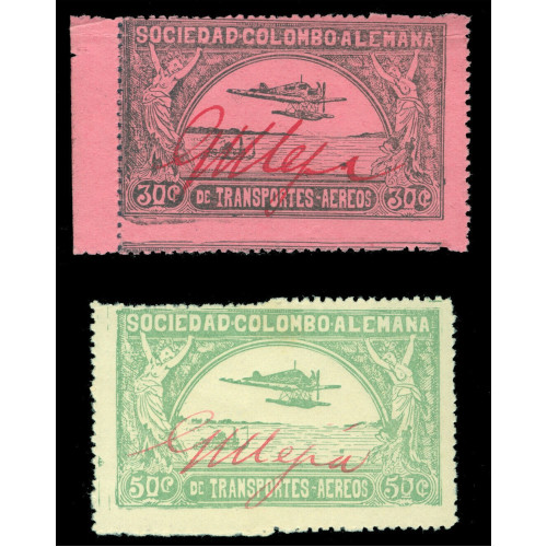 COLOMBIA-1920-AIRMAIL-SCADTA-Junkers-Hydroplane--MEJIA--ovpt-set-Sc-No--CLEU1-2-MNH Bild