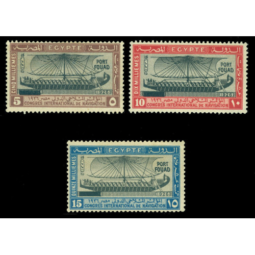 EGYPT 1926 Ship of Hatshepsut PORT FOUAD ovpt set Scott No 121-123 mint MH image