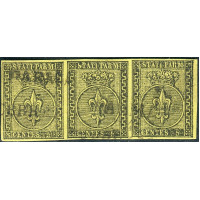 ITALY---PARMA--1852---STRIP-OF-3-5-C-YELLOW-USED ITALY---PARMA--1852---STRIP-OF-3-5-C-YELLOW-USED