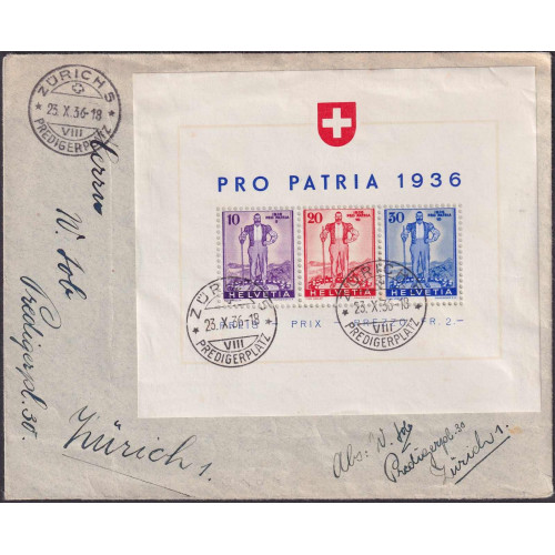 1936, W8 FDC von ZÜRICH 23.X.1936 sauber entwertet Brief und Block minim fleckig. Bild