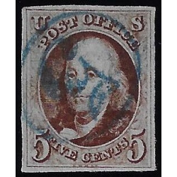 Scott #1 - $1,500.00 – XF-Used – Blue “5” in circle cancel SHOWPIECE! 2002 PFC