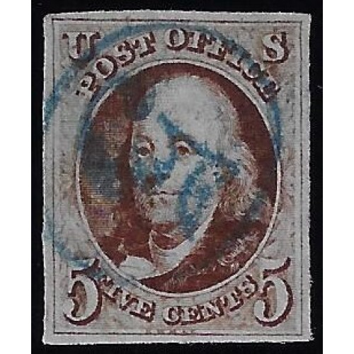 Scott #1 - $1,500.00 – XF-Used – Blue “5” in circle cancel SHOWPIECE! 2002 PFC image