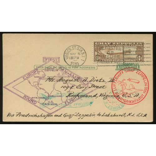 C14-Graf-Zeppelin-Air-Mail-Used-Stamp-on-Uprated-Flight-Post-Card Bild