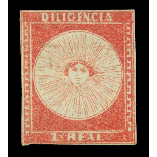 Showing image for URUGUAY 1856 DILIGENCIAS 1r car. verm. - Pos. 16 - Scott No 3a mint MH VF Scarce